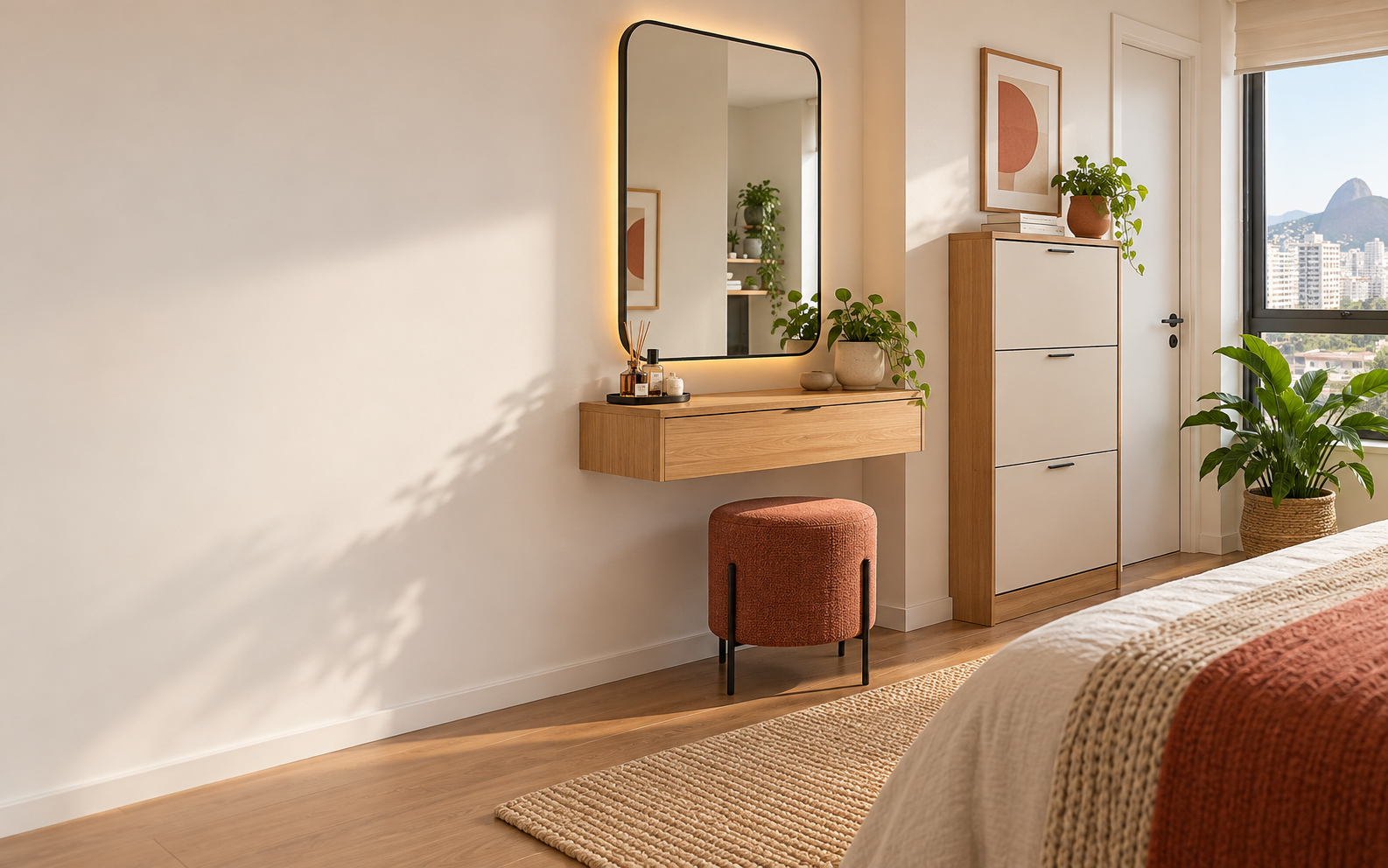 Quarto contemporâneo com penteadeira suspensa e sapateira compacta