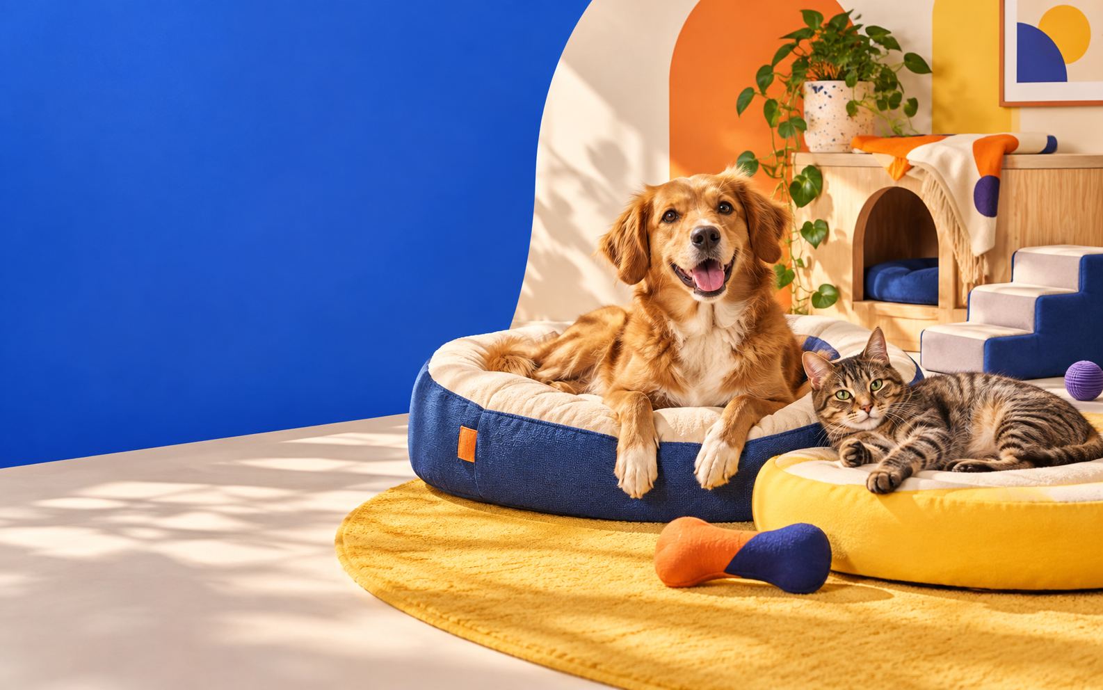 Cachorro e gato descansando juntos em um ambiente colorido