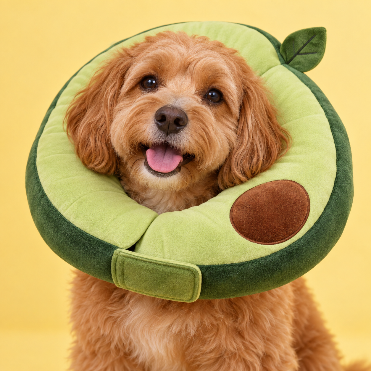 Cachorro usando colar macio de recuperação em formato de abacate